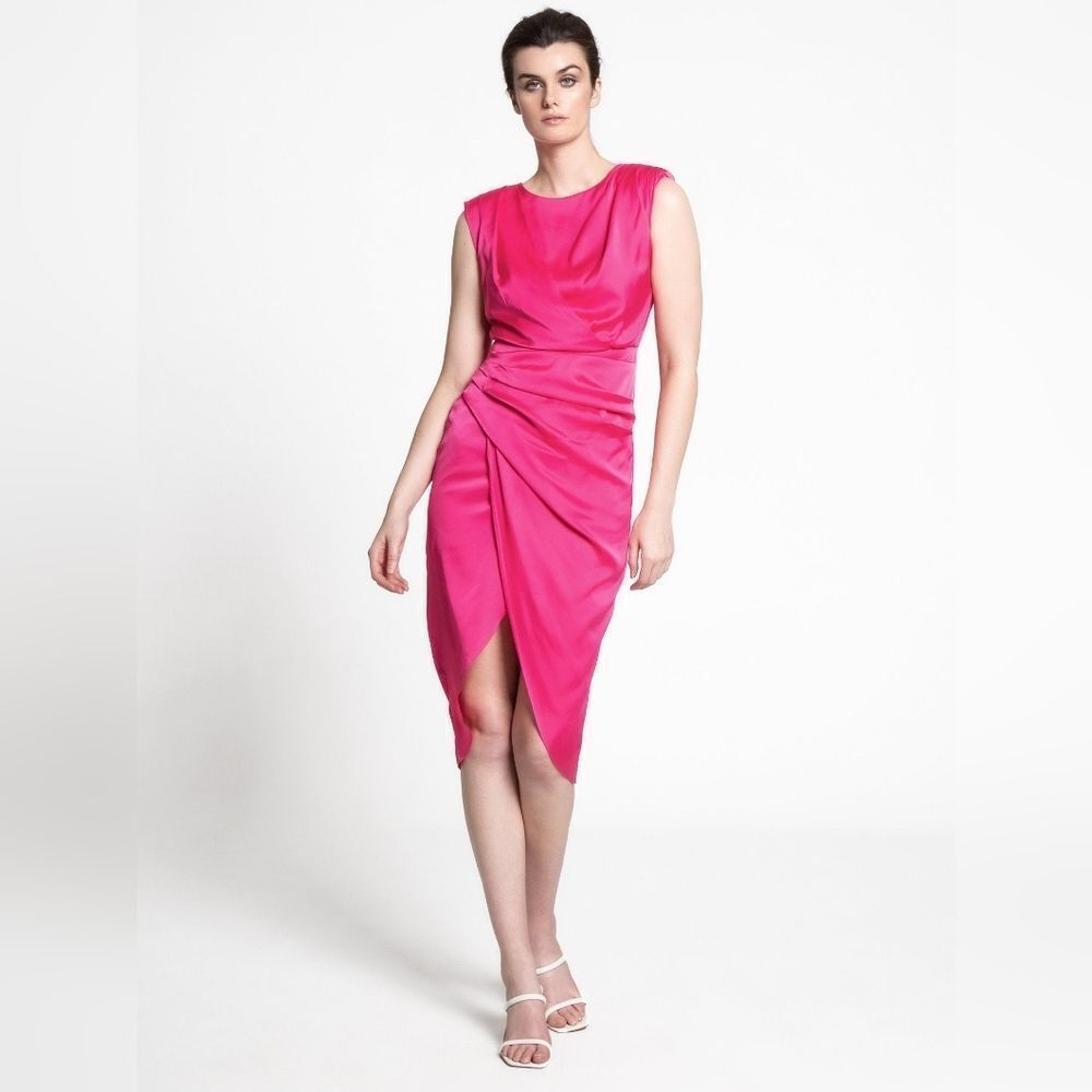 Do+Be Satin Sleeveless Wrap Draped Ruched Sheath Midi Dress in Fuchsia Pink M